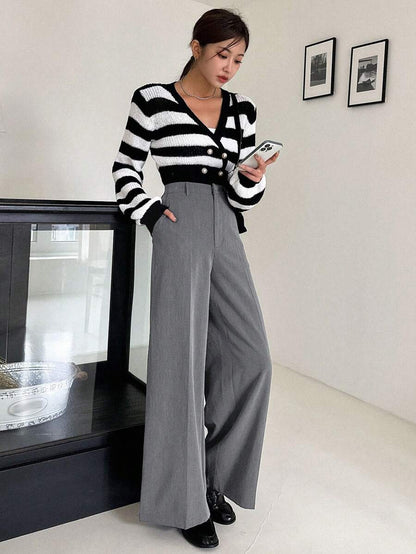 Women's Wide Leg Tailored Trousers, High Waisted Stretch Dress Pants for Work Office - Black