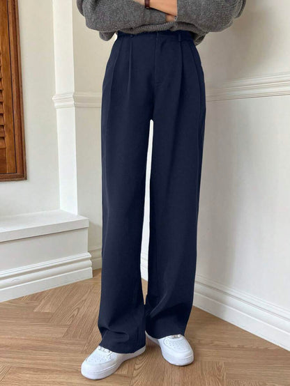 Delft High Waist Pleated Straight Leg Trousers - Navy Blue