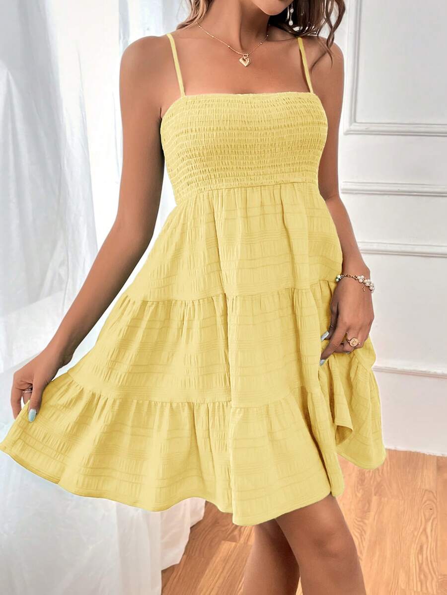 Soleia Women's Summer Holiday Solid Color Spaghetti Strap Dress With Ruffled Hem Mensa