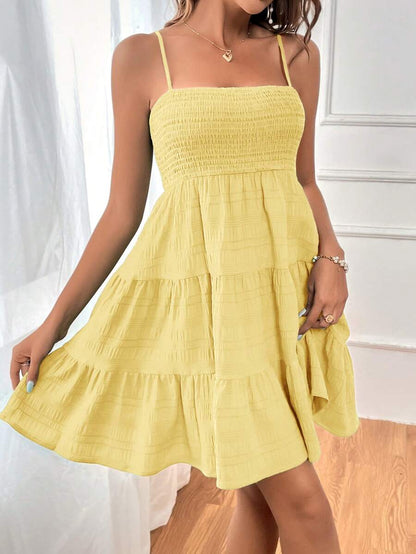 Soleia Women's Summer Holiday Solid Color Spaghetti Strap Dress With Ruffled Hem Mensa