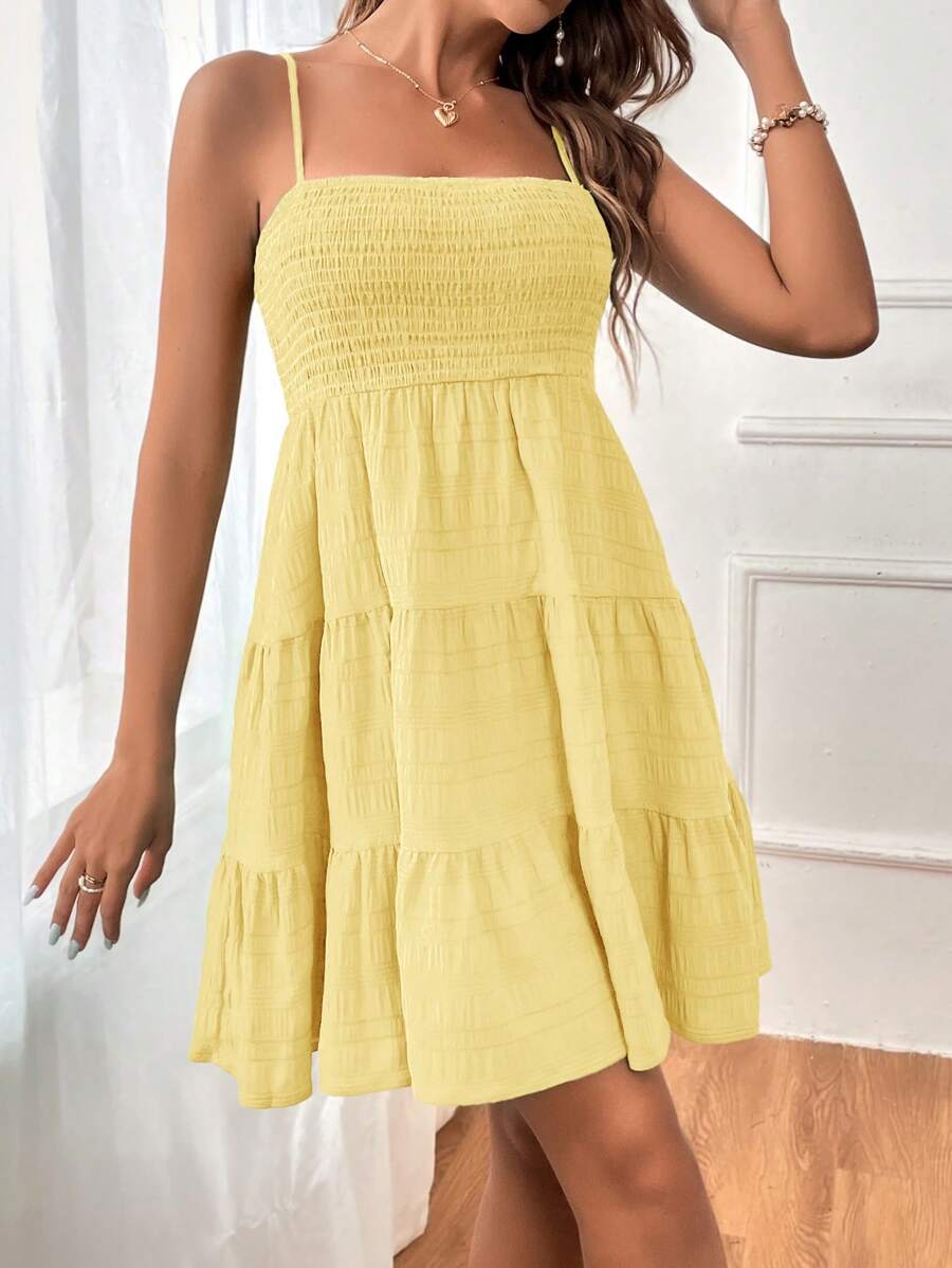 Soleia Women's Summer Holiday Solid Color Spaghetti Strap Dress With Ruffled Hem Mensa