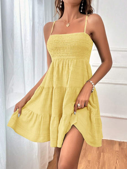 Soleia Women's Summer Holiday Solid Color Spaghetti Strap Dress With Ruffled Hem Mensa