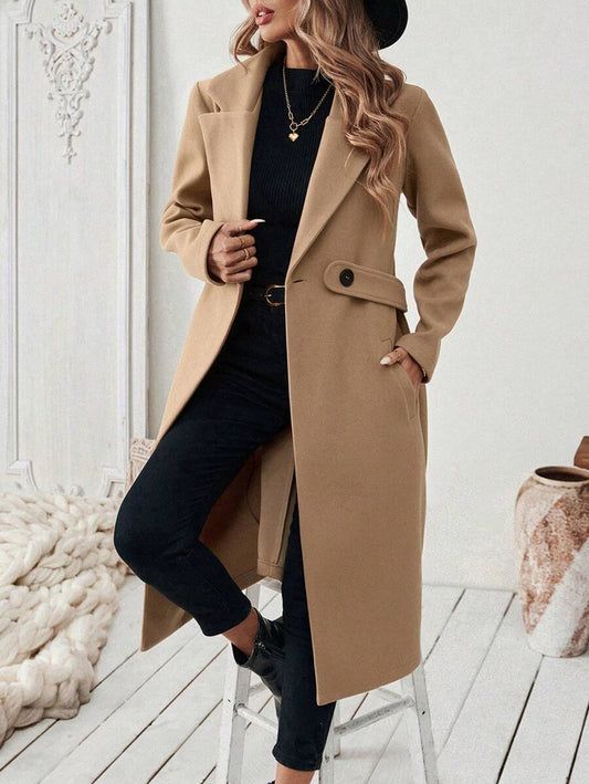 Seraphina Notched Collar Double-Breasted Knee Length Coat - Camel