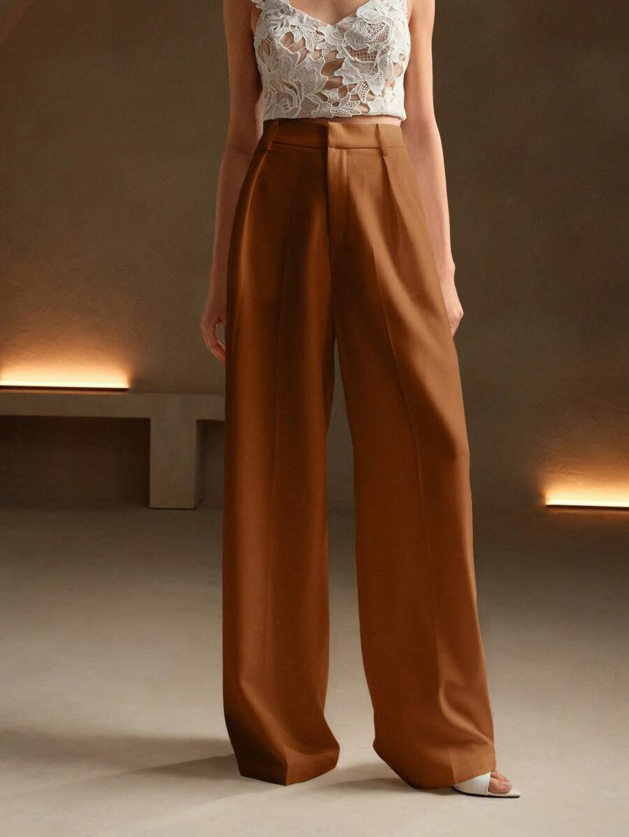 Tatiana Pleated High Waist Wide Leg Trousers with Pockets - Grey
