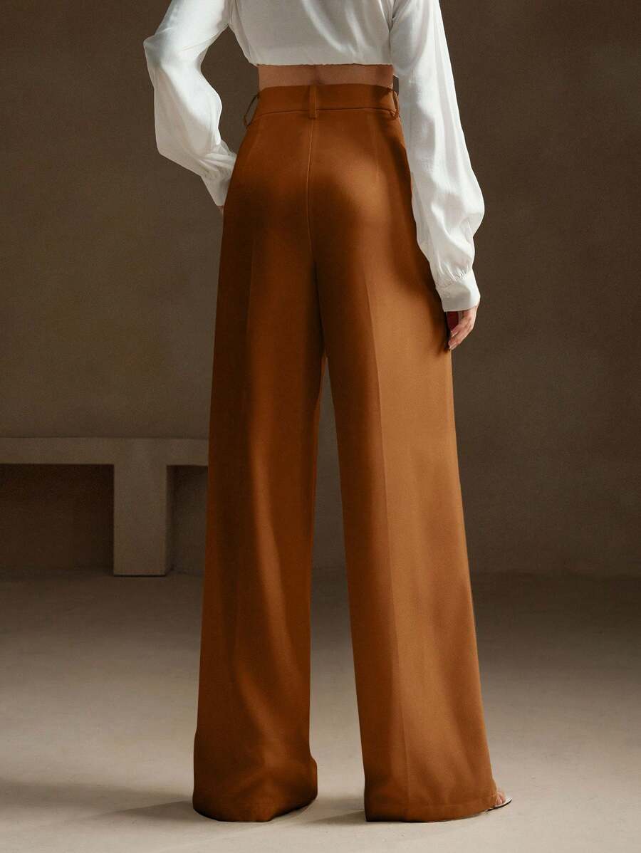 Tatiana Pleated High Waist Wide Leg Trousers with Pockets - Khaki