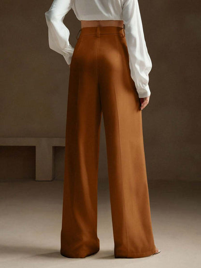 Tatiana Pleated High Waist Wide Leg Trousers with Pockets - Khaki