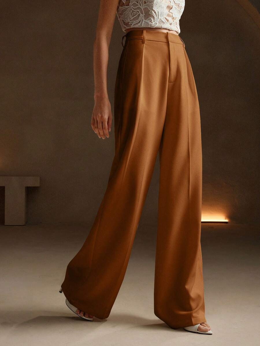 Tatiana Pleated High Waist Wide Leg Trousers with Pockets - Orange