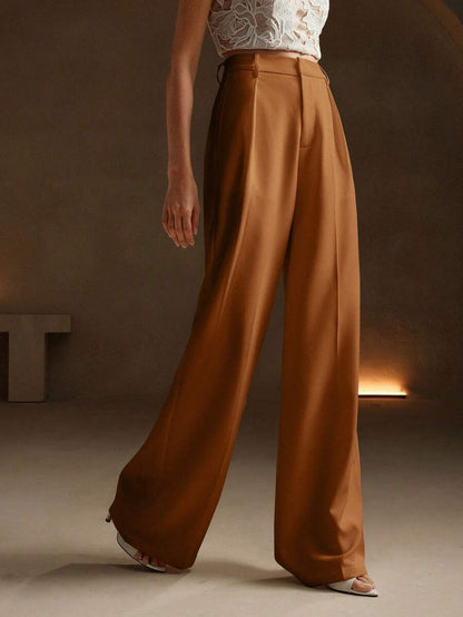 Tatiana Pleated High Waist Wide Leg Trousers with Pockets - Orange