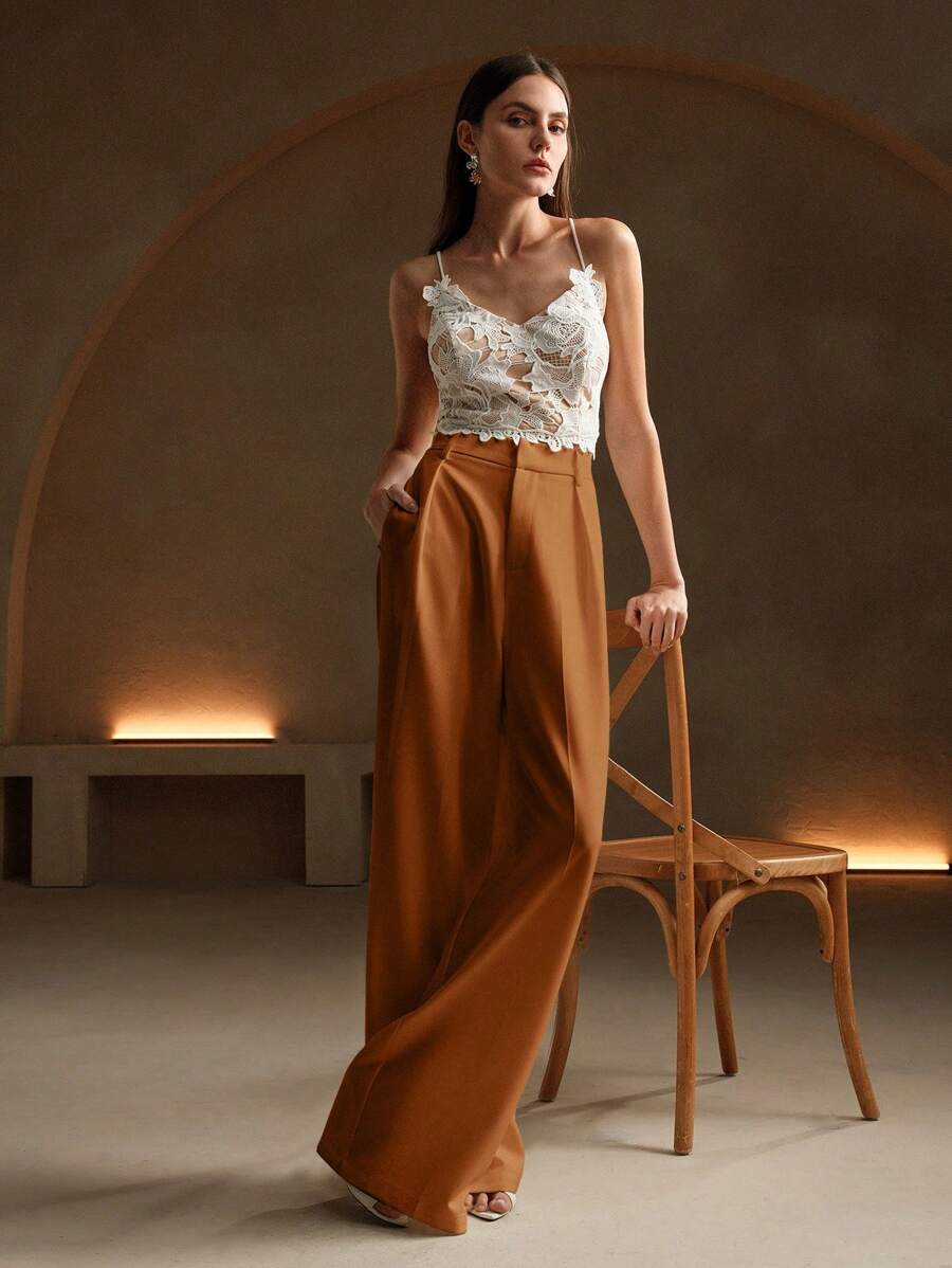 Tatiana Pleated High Waist Wide Leg Trousers with Pockets - Apricot