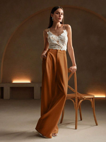 Tatiana Pleated High Waist Wide Leg Trousers with Pockets - Apricot