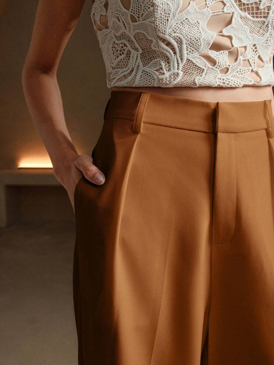 Tatiana Pleated High Waist Wide Leg Trousers with Pockets - Beige