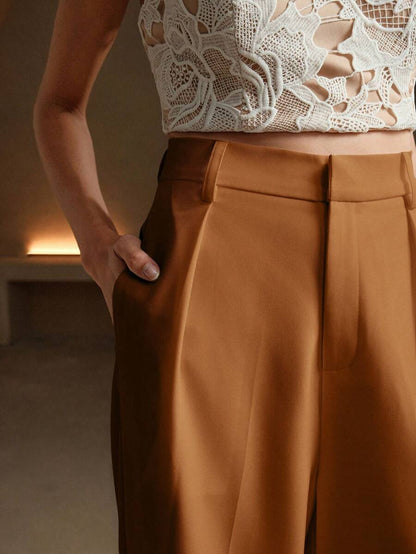Tatiana Pleated High Waist Wide Leg Trousers with Pockets - Beige