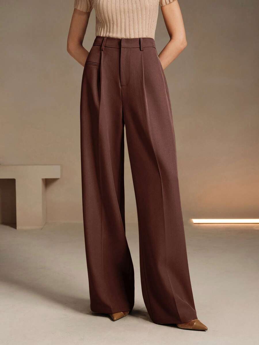 Women's Belted Straight Leg Suit Trousers, Stretch Dress Pants for Work Office - Bronze