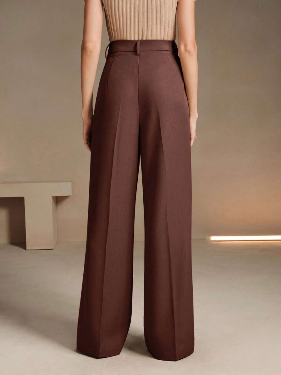 Women's Belted Straight Leg Suit Trousers, Stretch Dress Pants for Work Office - Burgundy
