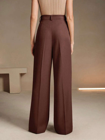 Women's Belted Straight Leg Suit Trousers, Stretch Dress Pants for Work Office - Burgundy