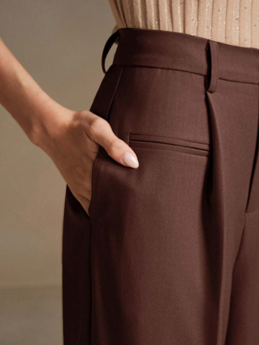Women's Belted Straight Leg Suit Trousers, Stretch Dress Pants for Work Office - Ginger