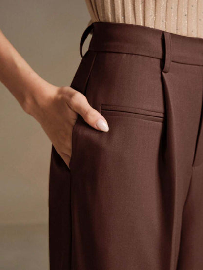 Women's Belted Straight Leg Suit Trousers, Stretch Dress Pants for Work Office - Ginger