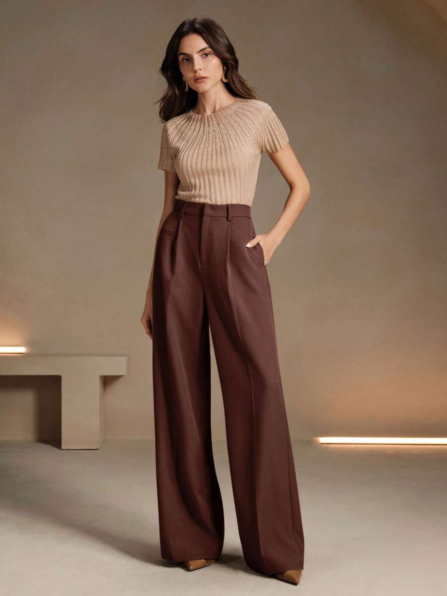 Women's Belted Straight Leg Suit Trousers, Stretch Dress Pants for Work Office - Grey