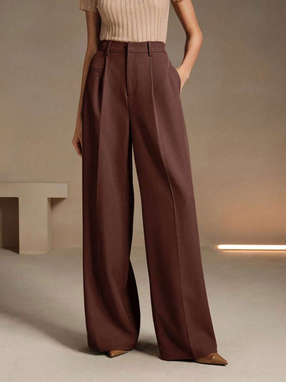 Women's Belted Straight Leg Suit Trousers, Stretch Dress Pants for Work Office - Khaki