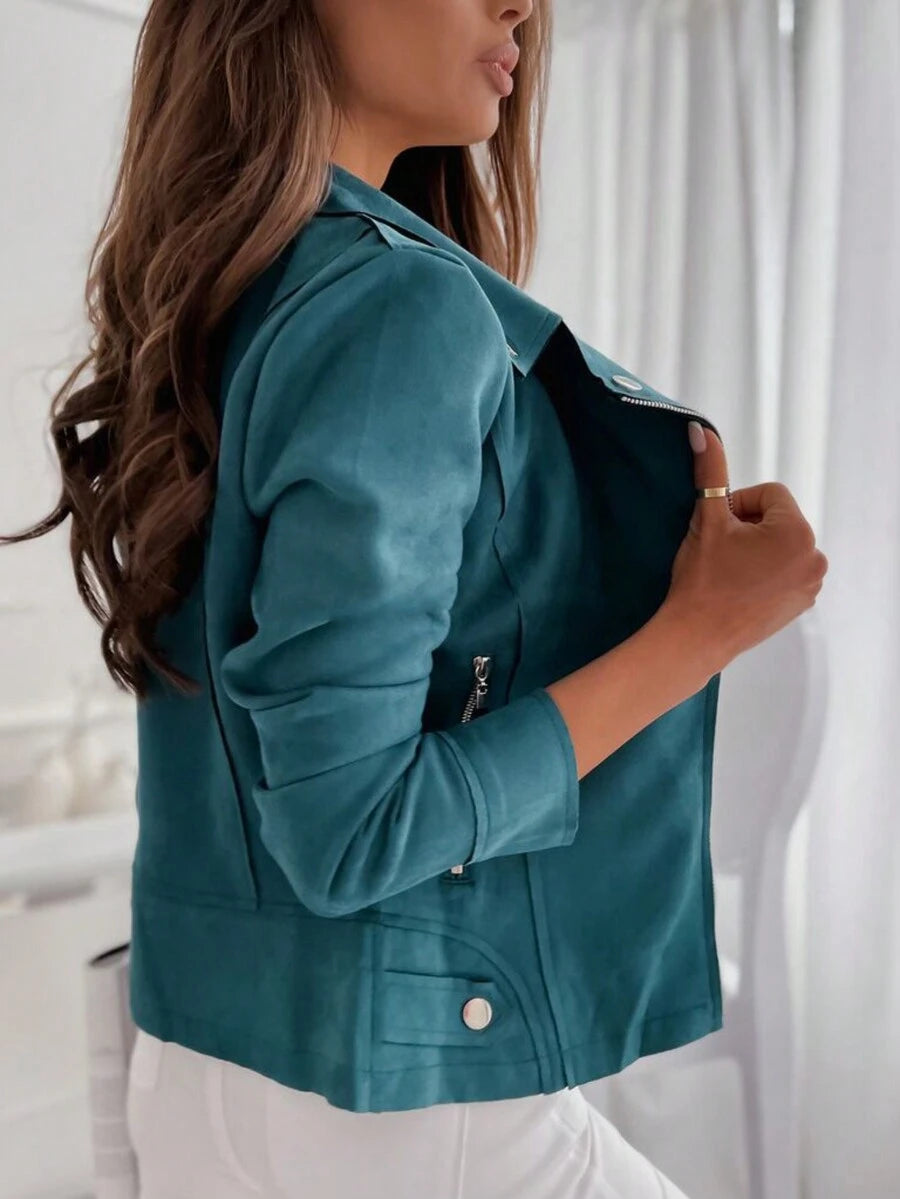 Mireille Fleece Lined Faux Suede Zip Jacket with Stand Collar - Teal