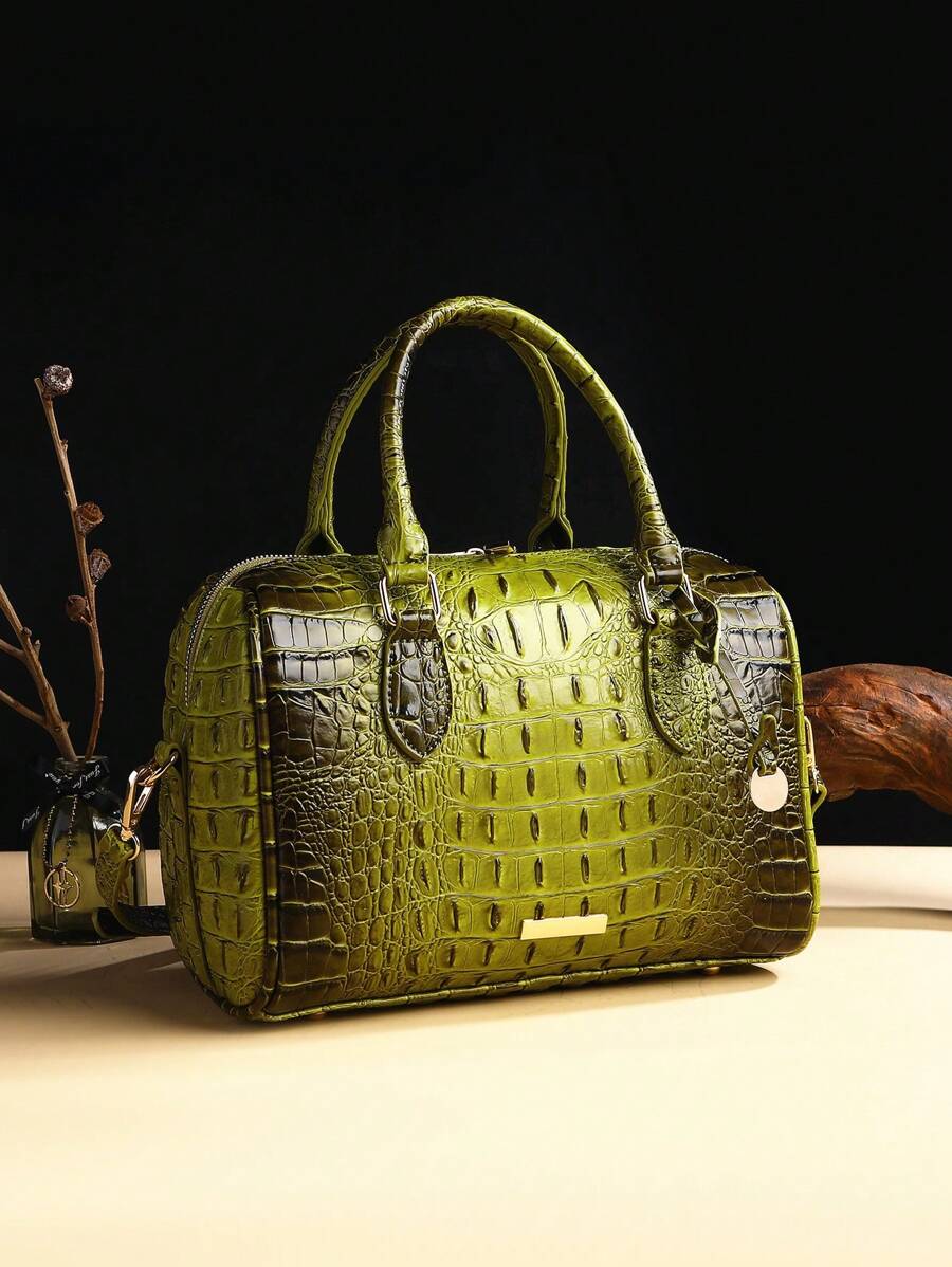 Verbania Croc Embossed Top Handle Boston Bag