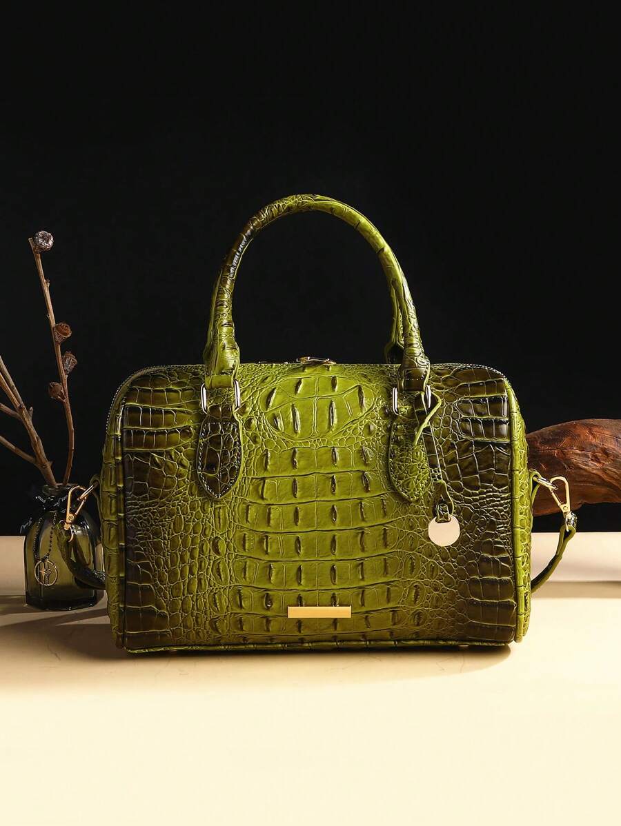 Verbania Croc Embossed Top Handle Boston Bag - Green