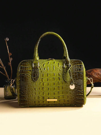 Verbania Croc Embossed Top Handle Boston Bag - Green
