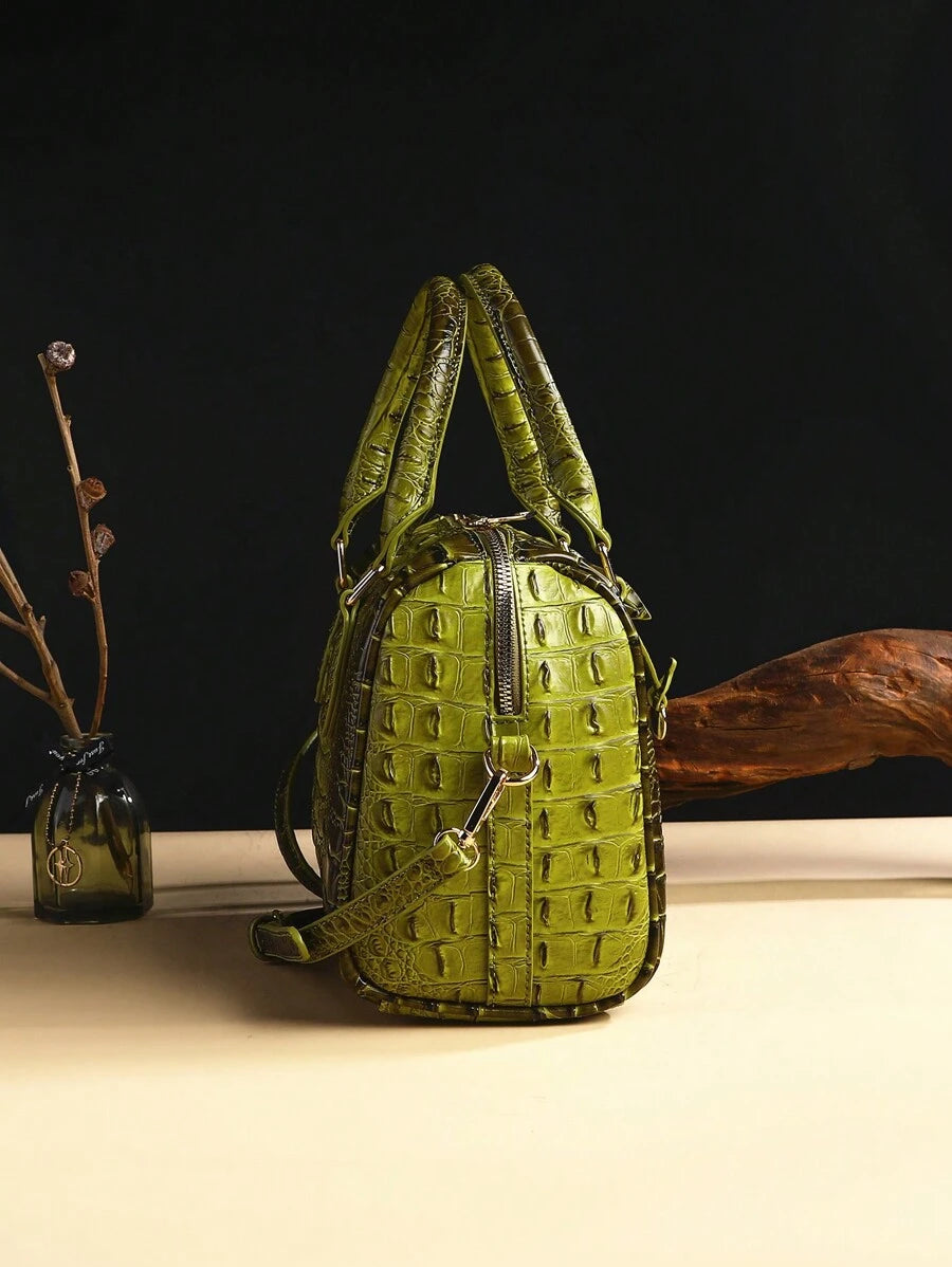 Verbania Croc Embossed Top Handle Boston Bag