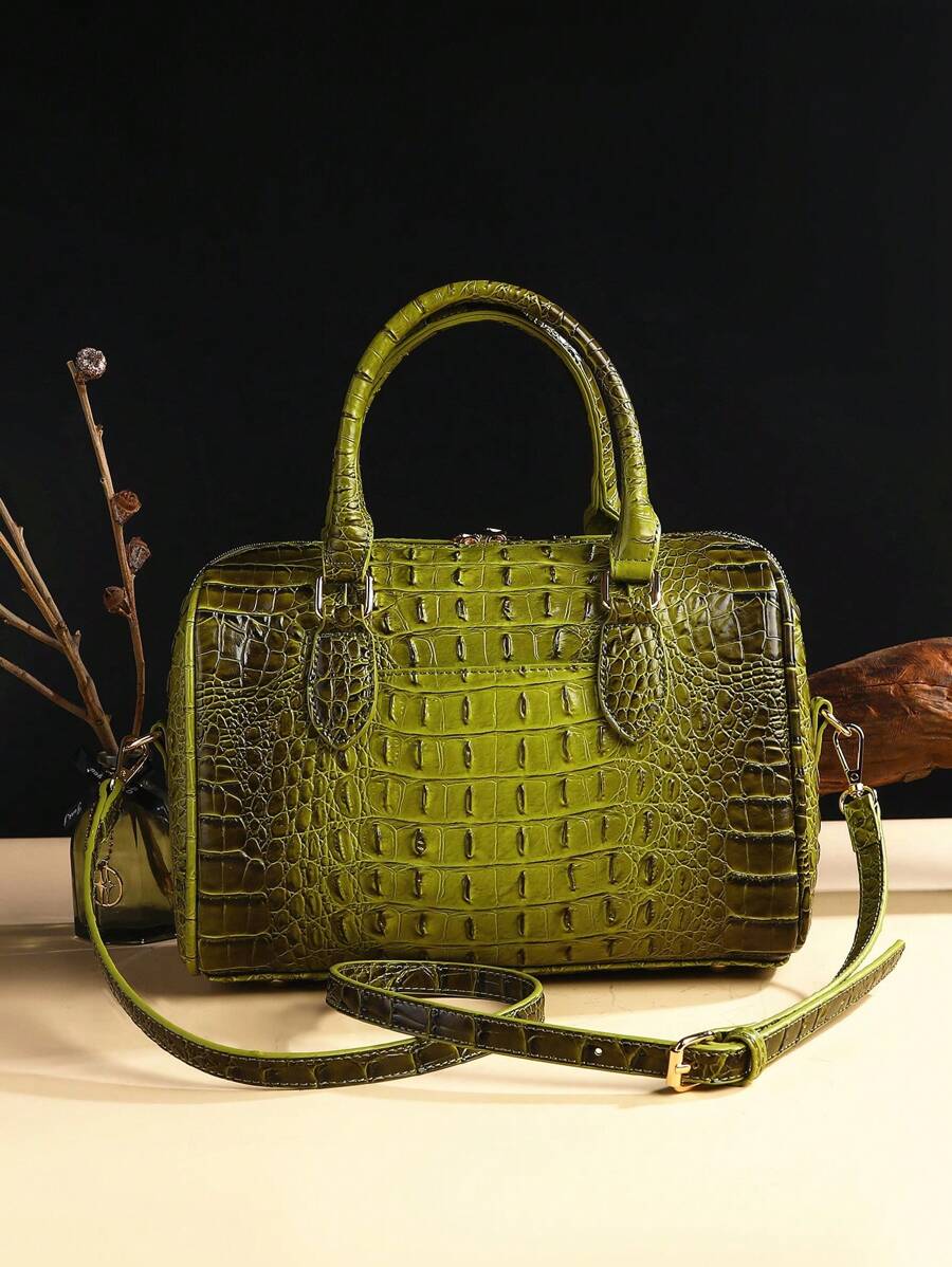 Verbania Croc Embossed Top Handle Boston Bag