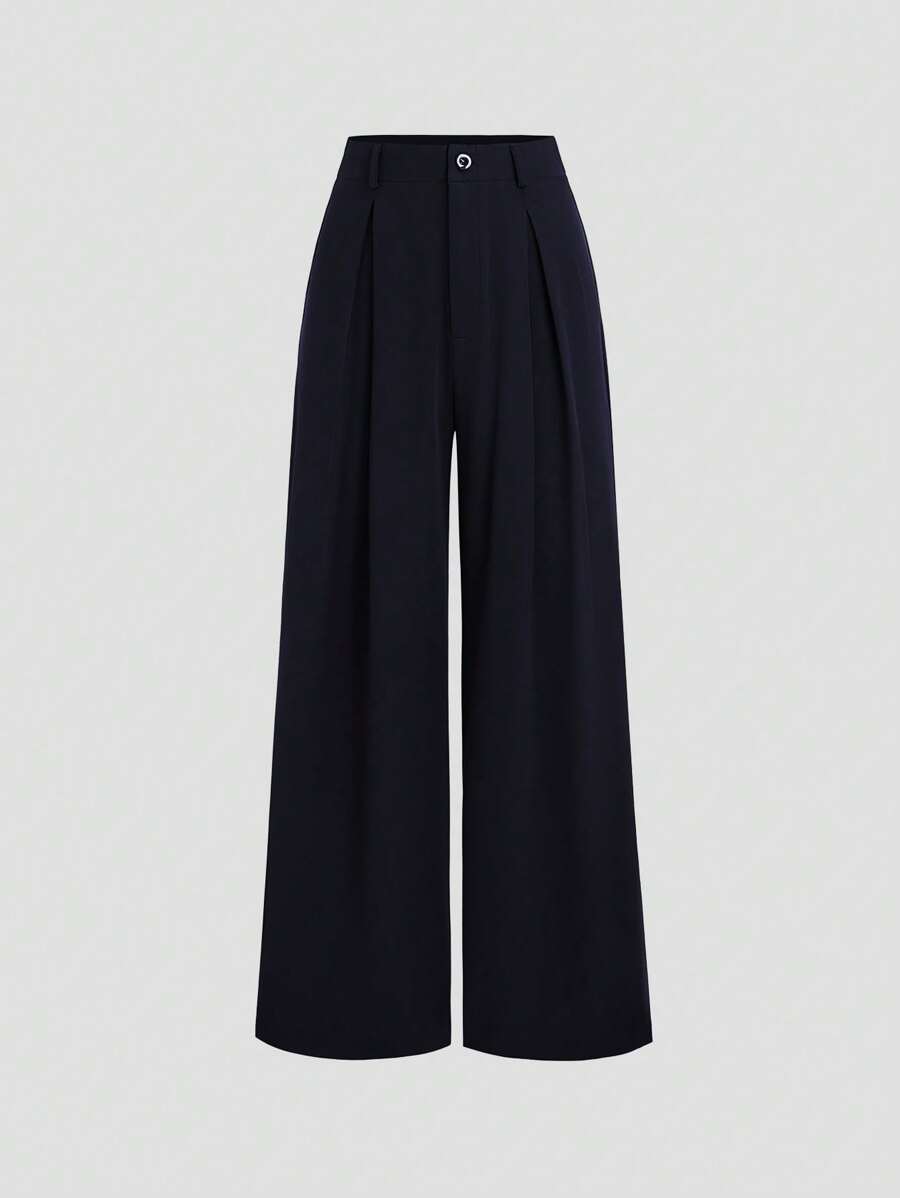 Katya Pleated Wide Leg Pants Tailored High Rise Trousers - Midnight Navy