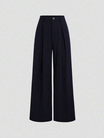 Katya Pleated Wide Leg Pants Tailored High Rise Trousers - Midnight Navy