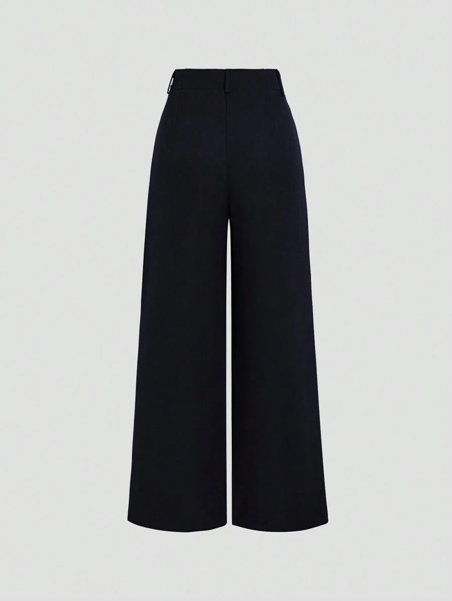 Katya Pleated Wide Leg Pants Tailored High Rise Trousers - Midnight Navy