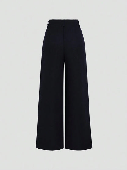 Katya Pleated Wide Leg Pants Tailored High Rise Trousers - Midnight Navy