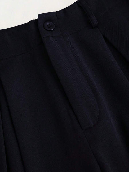 Katya Pleated Wide Leg Pants Tailored High Rise Trousers - Midnight Navy