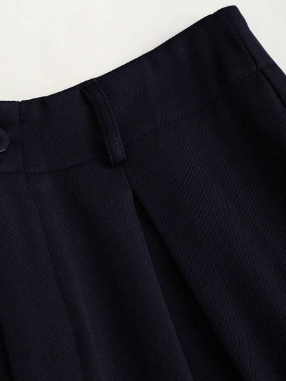Katya Pleated Wide Leg Pants Tailored High Rise Trousers - Midnight Navy