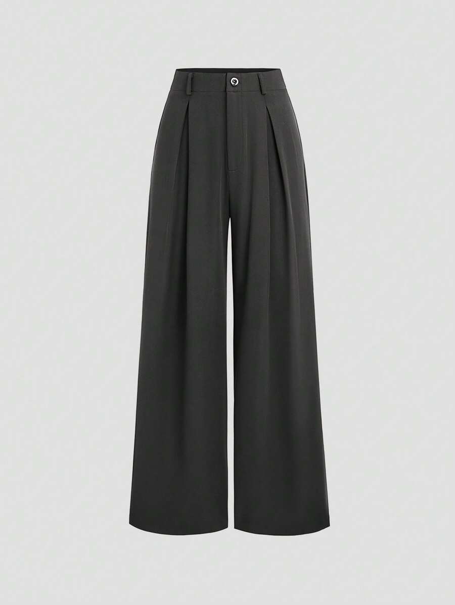Katya Pleated Wide Leg Pants Tailored High Rise Trousers - Charcoal Grey