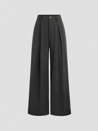 Katya Pleated Wide Leg Pants Tailored High Rise Trousers - Charcoal Grey