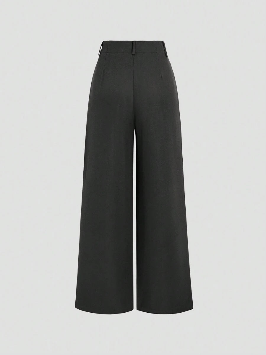 Katya Pleated Wide Leg Pants Tailored High Rise Trousers - Charcoal Grey