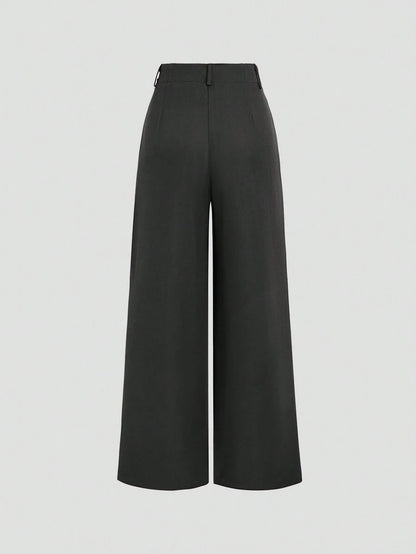Katya Pleated Wide Leg Pants Tailored High Rise Trousers - Charcoal Grey