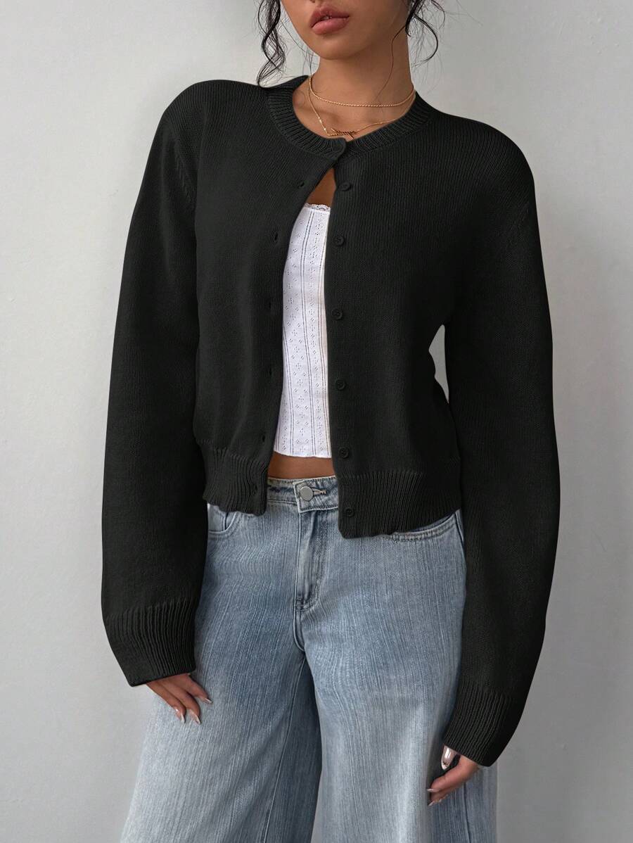 Elowen Round Neck Cropped Cardigan - Black