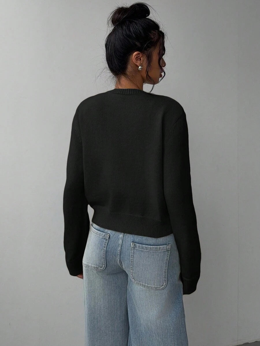 Elowen Round Neck Cropped Cardigan - Black