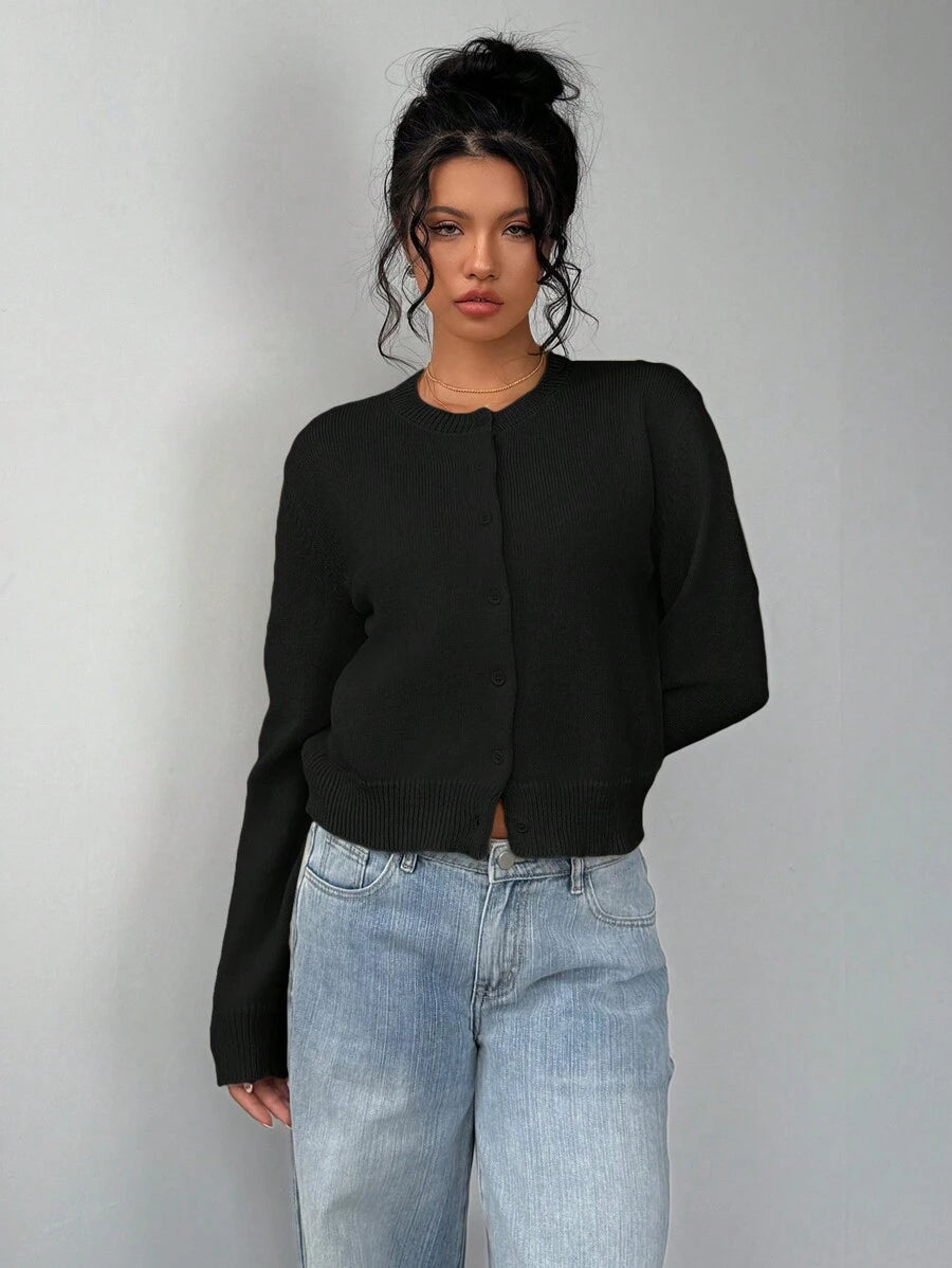Elowen Round Neck Cropped Cardigan - Black
