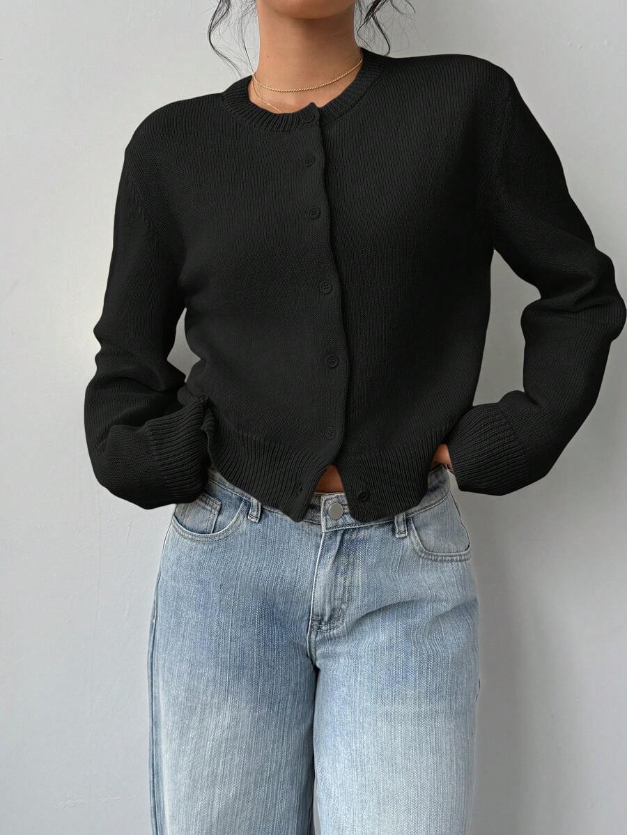 Elowen Round Neck Cropped Cardigan - Black