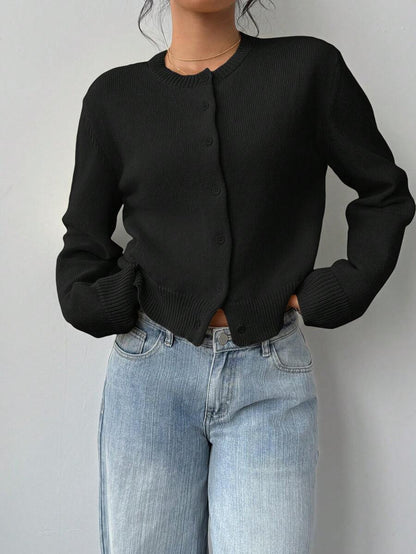 Elowen Round Neck Cropped Cardigan - Black