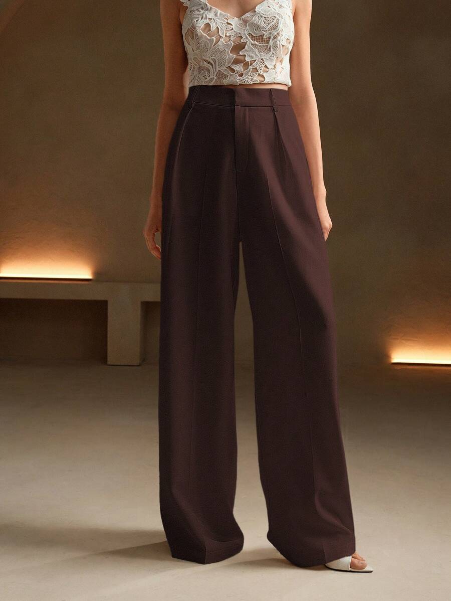 Tatiana Pleated High Waist Wide Leg Trousers with Pockets - Khaki