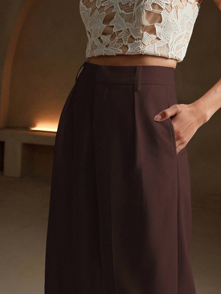 Tatiana Pleated High Waist Wide Leg Trousers with Pockets - Burgundy
