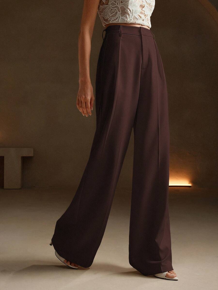 Tatiana Pleated High Waist Wide Leg Trousers with Pockets - Camel