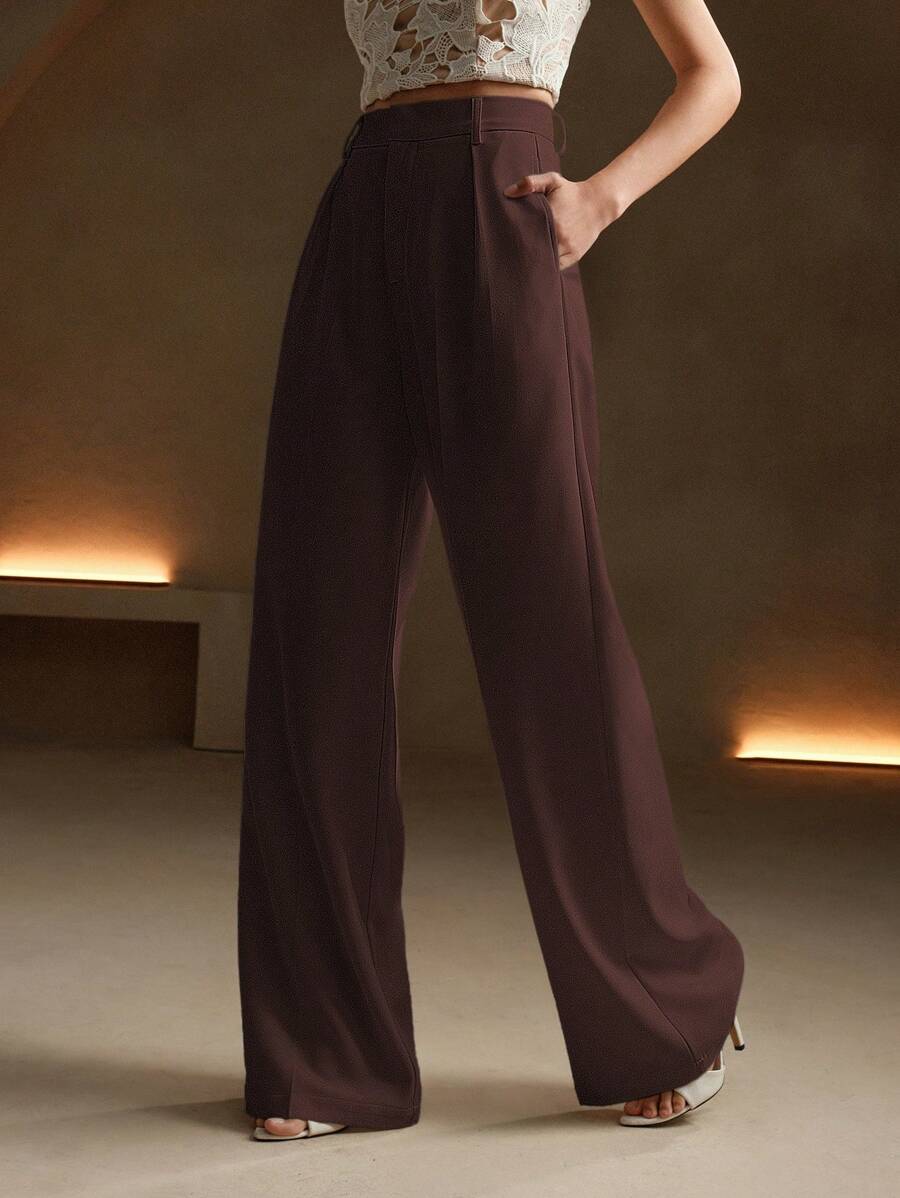 Tatiana Pleated High Waist Wide Leg Trousers with Pockets - Black