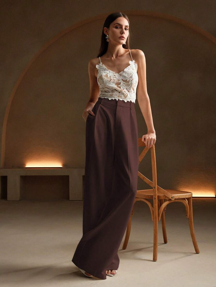Tatiana Pleated High Waist Wide Leg Trousers with Pockets - Orange