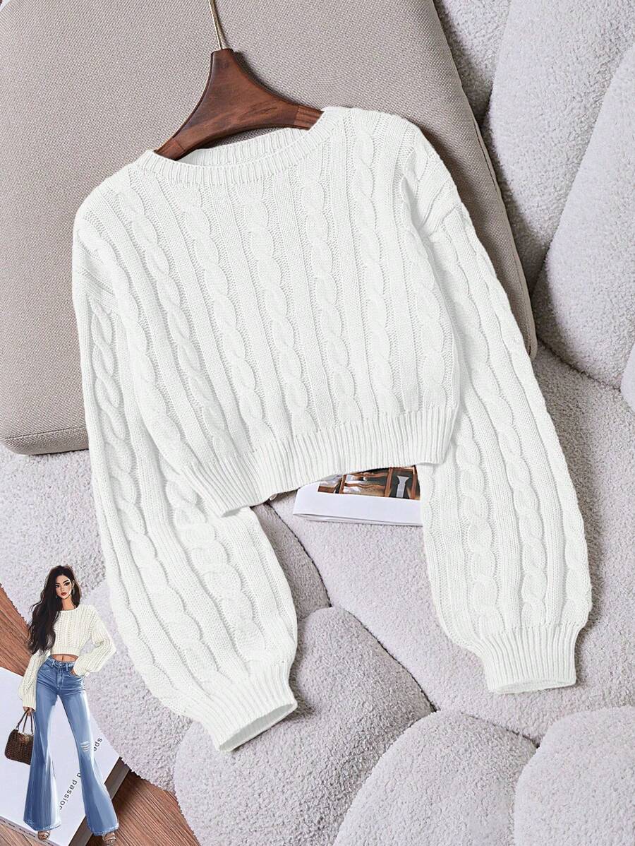 Oriana Cropped Cable Knit Sweater with Crew Neck - White